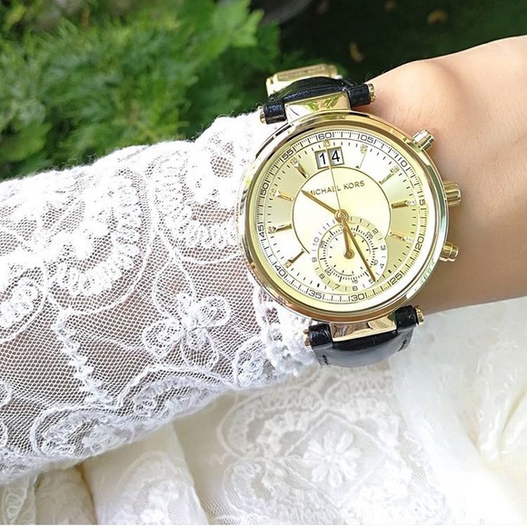 New Michael Kors Sawyer Gold Tone With Black Leather Strap Watch $275 - Picture 6 of 7